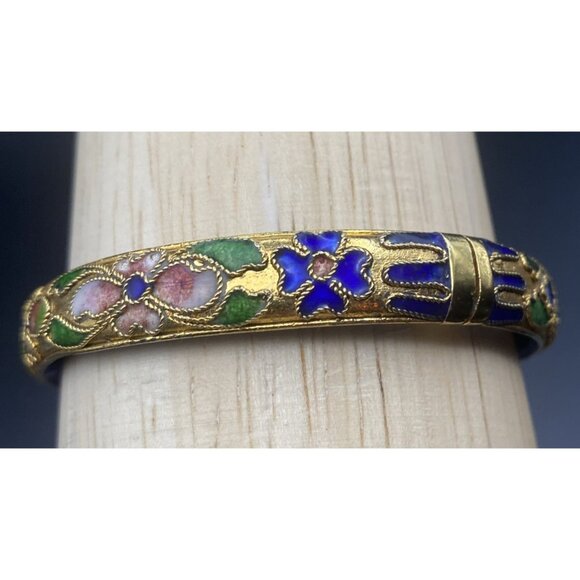 Vintage Cloisonné Bangle Bracelet Blue Gold Floral Motif Enamel Hinged 7"x1/3"w - Picture 3 of 15